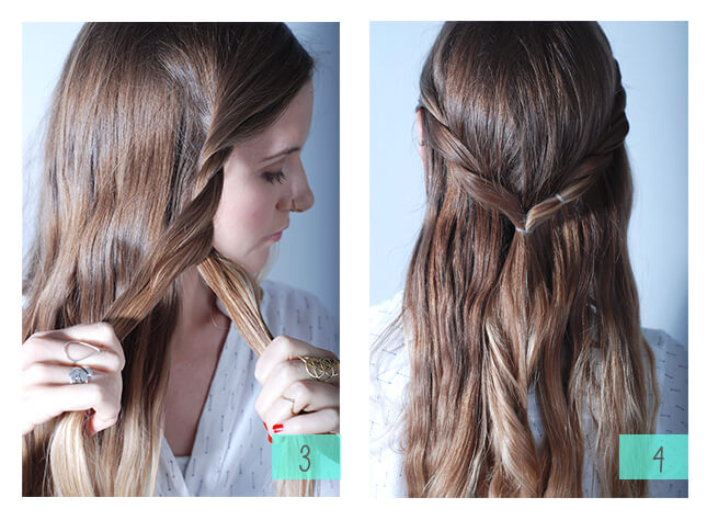 •Twist both sides of your hair into a half pony. This should be about half your head of hair.