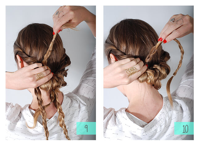 •Starting with the ends of the ponytail, begin to flip the hair through the half pony. Use bobby pins along the way to keep them in place.